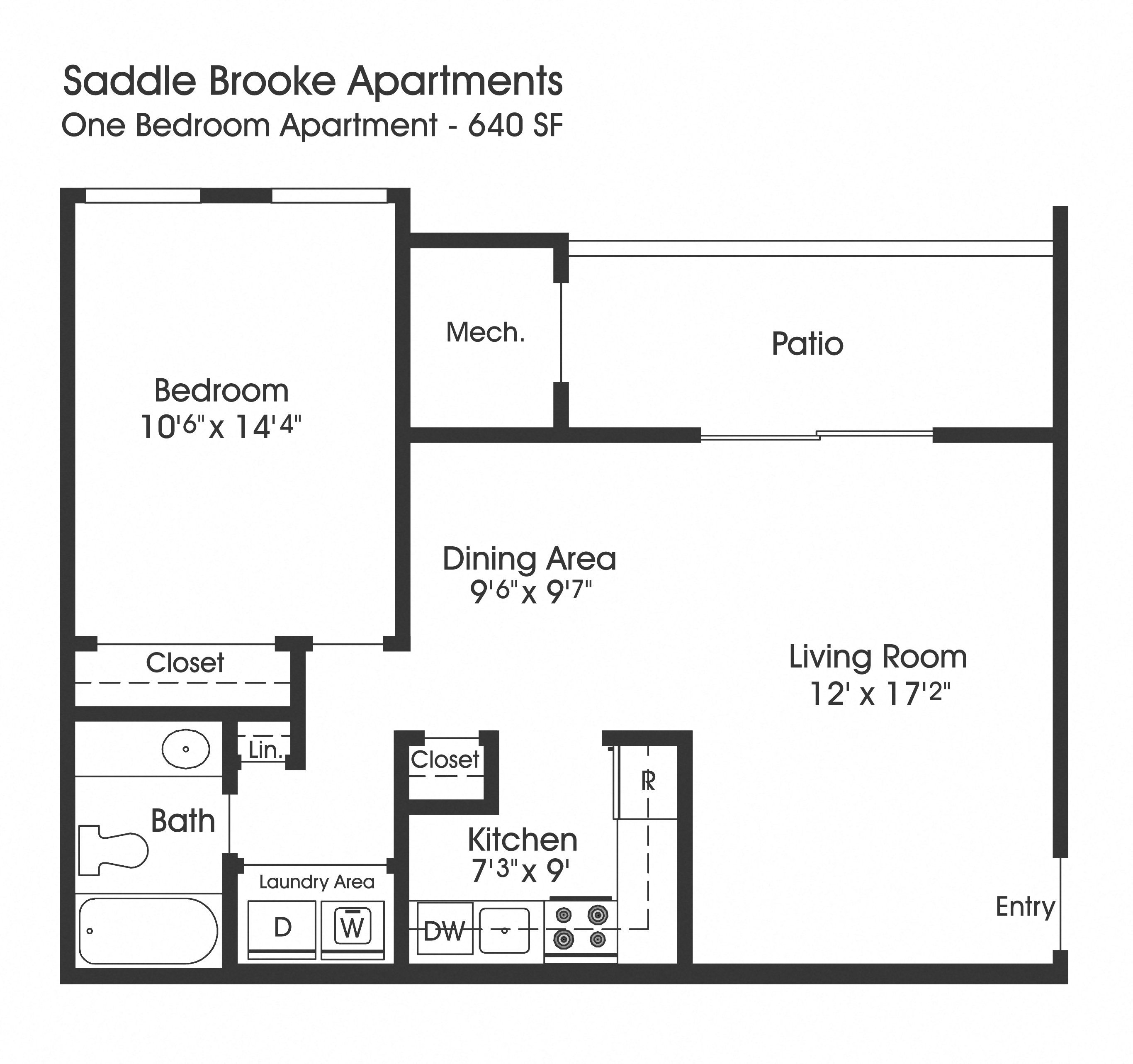 Floor plan for 1 bed, 1 bath, 640 sqft